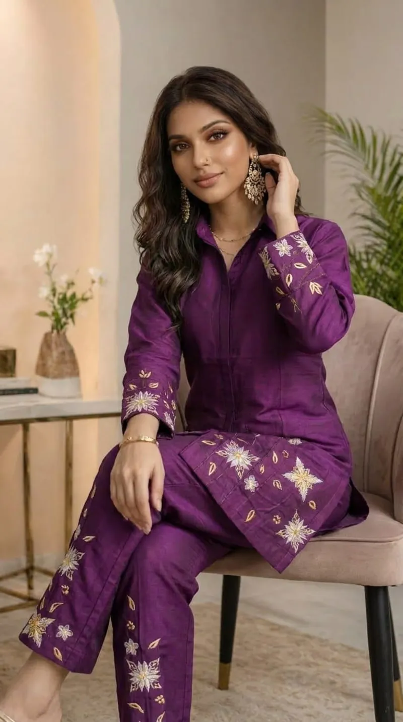 Royal Plum Cotton Co-Ord Set Embroidered