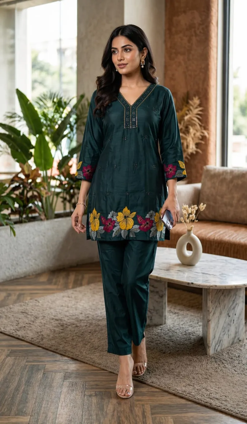 Elegant Teal Green Cotton Co-Ord Set Embroidered