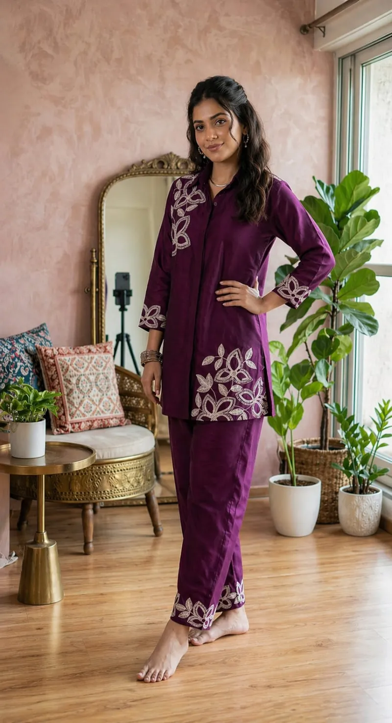 Wine Berry Cotton Co-Ord Set Embroidered