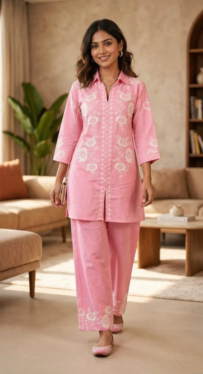 Soft Blush Pink Co-Ord Set — Delicate Floral Embroidery