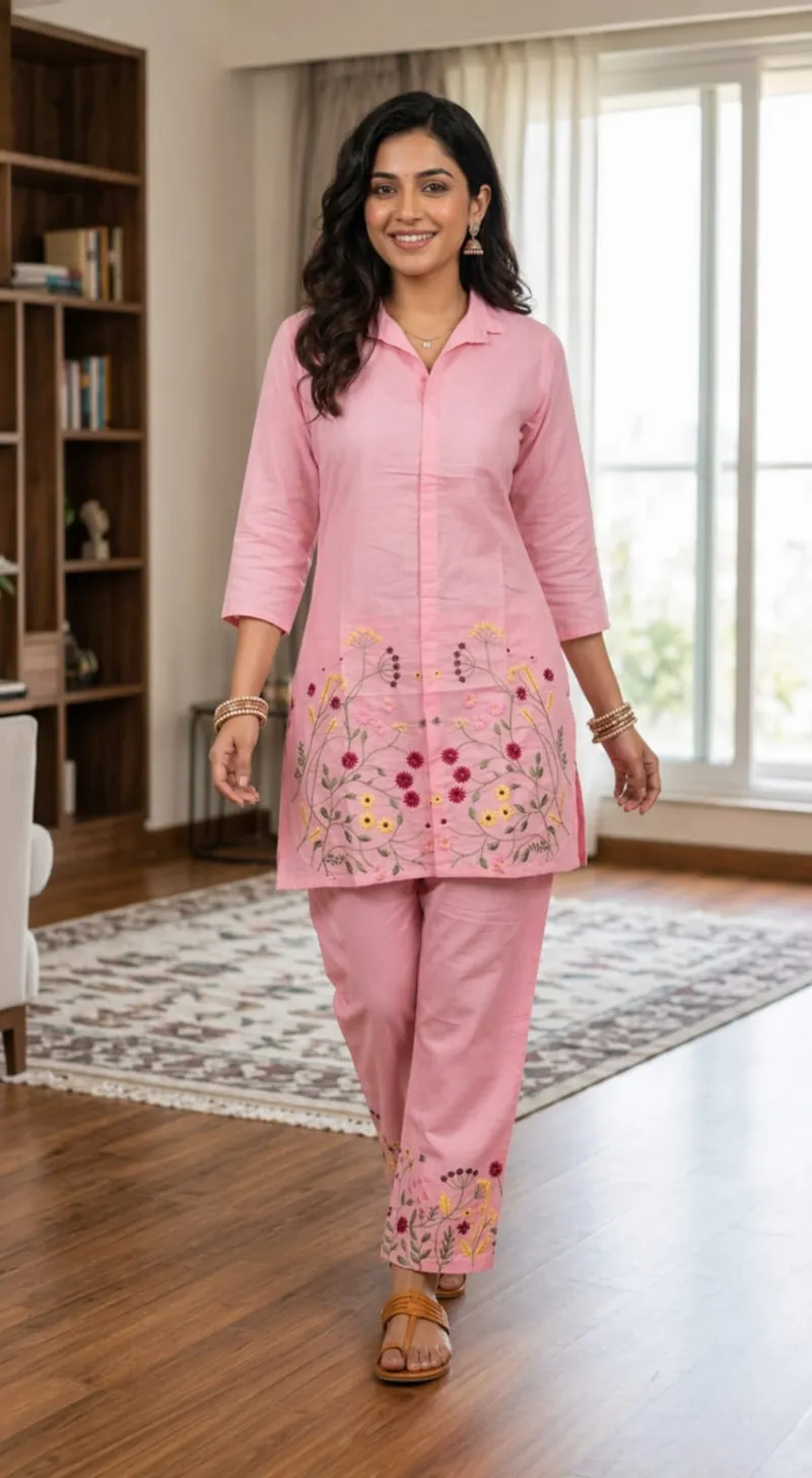 Soft Blush Pink Co-Ord Set — Multicolor Embroidery