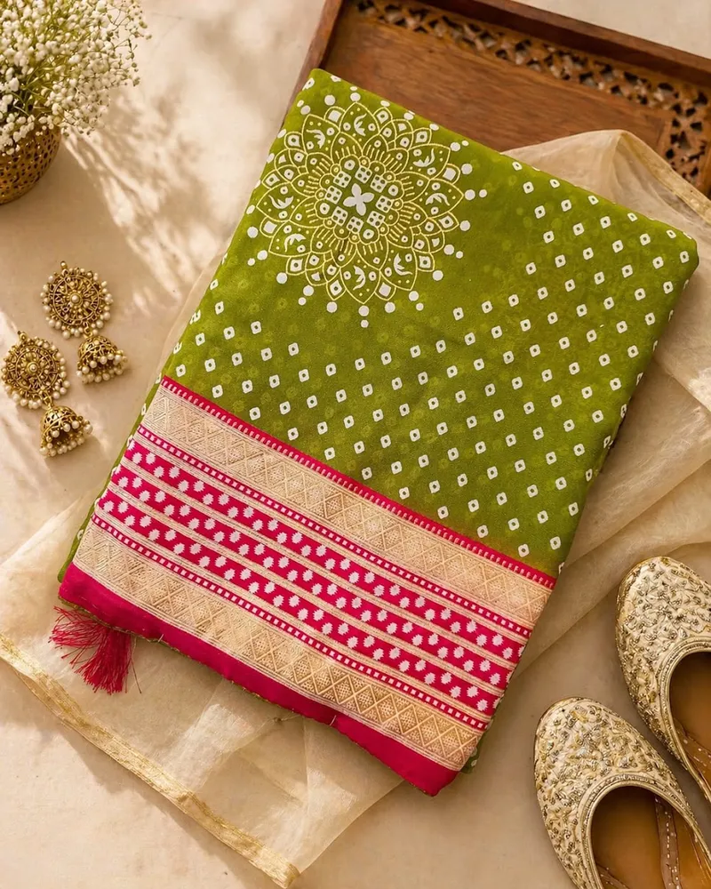 Elegant Green Georgette Saree — Pink Foil Border