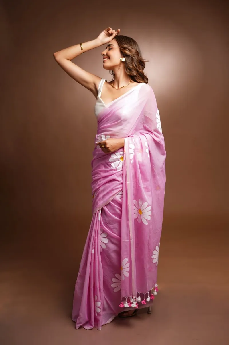 Pink Floral Linen Saree