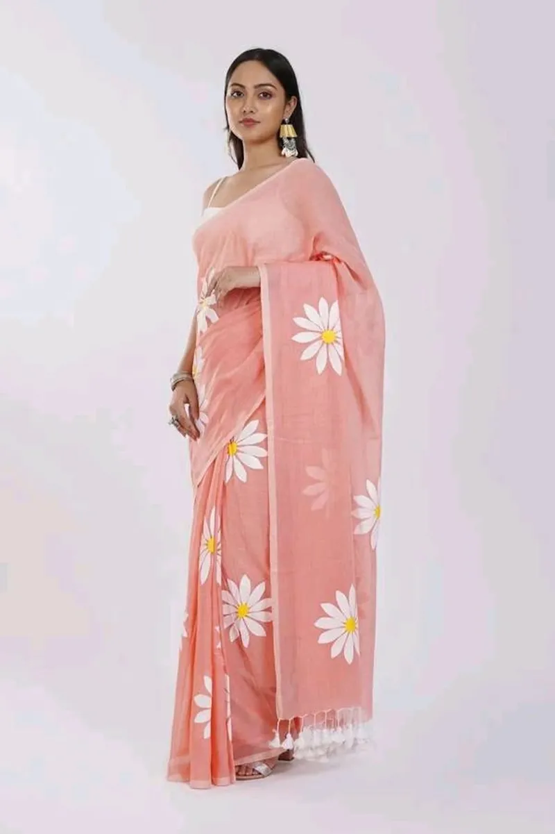 Peach Floral Linen Saree