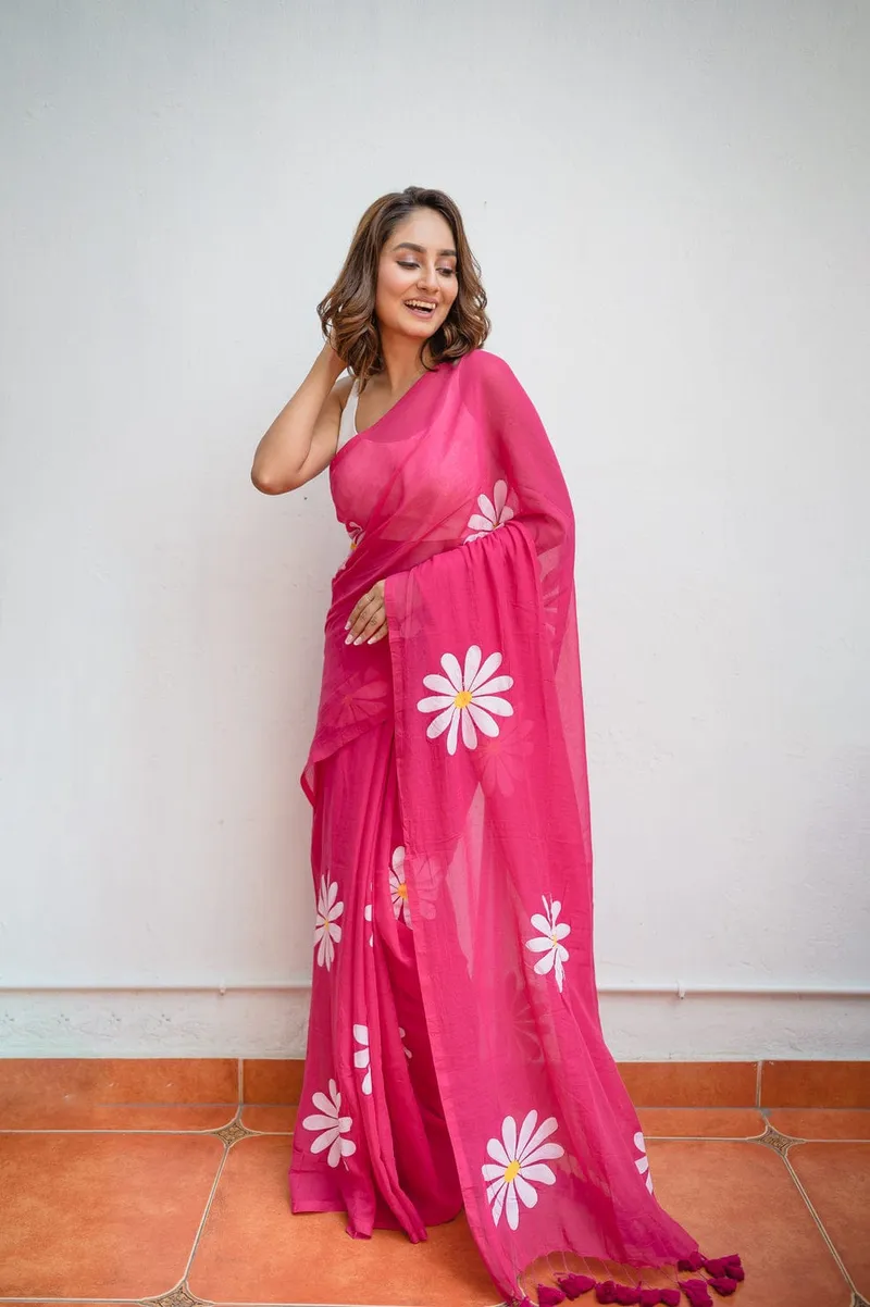 Rani Pink Floral Linen Saree