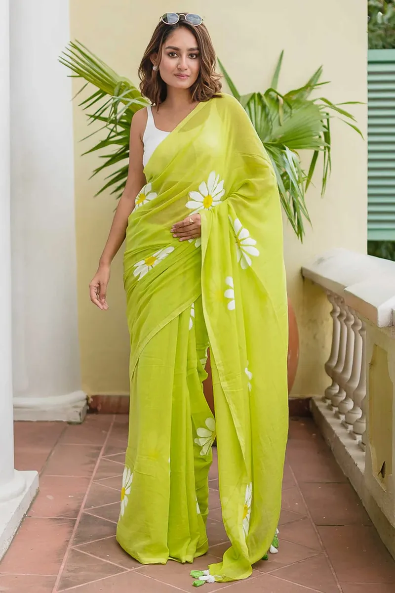 Lime Green Floral Linen Saree