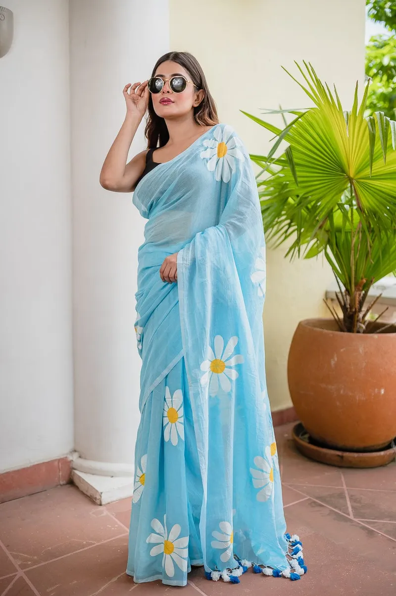 Sky Blue Floral Linen Saree