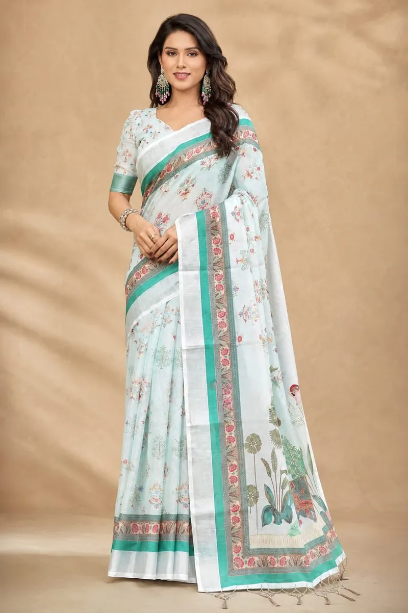 Aqua Breeze Pure Linen Saree