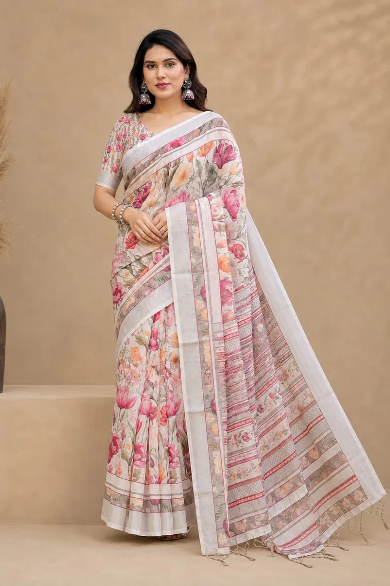 Rose Petal White Linen Saree
