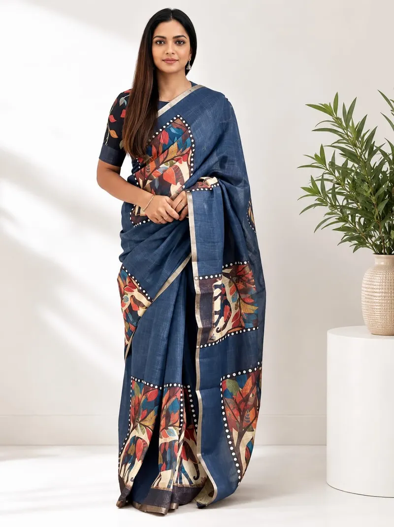 Blue Soft Linen Saree with Digital Elephant Print