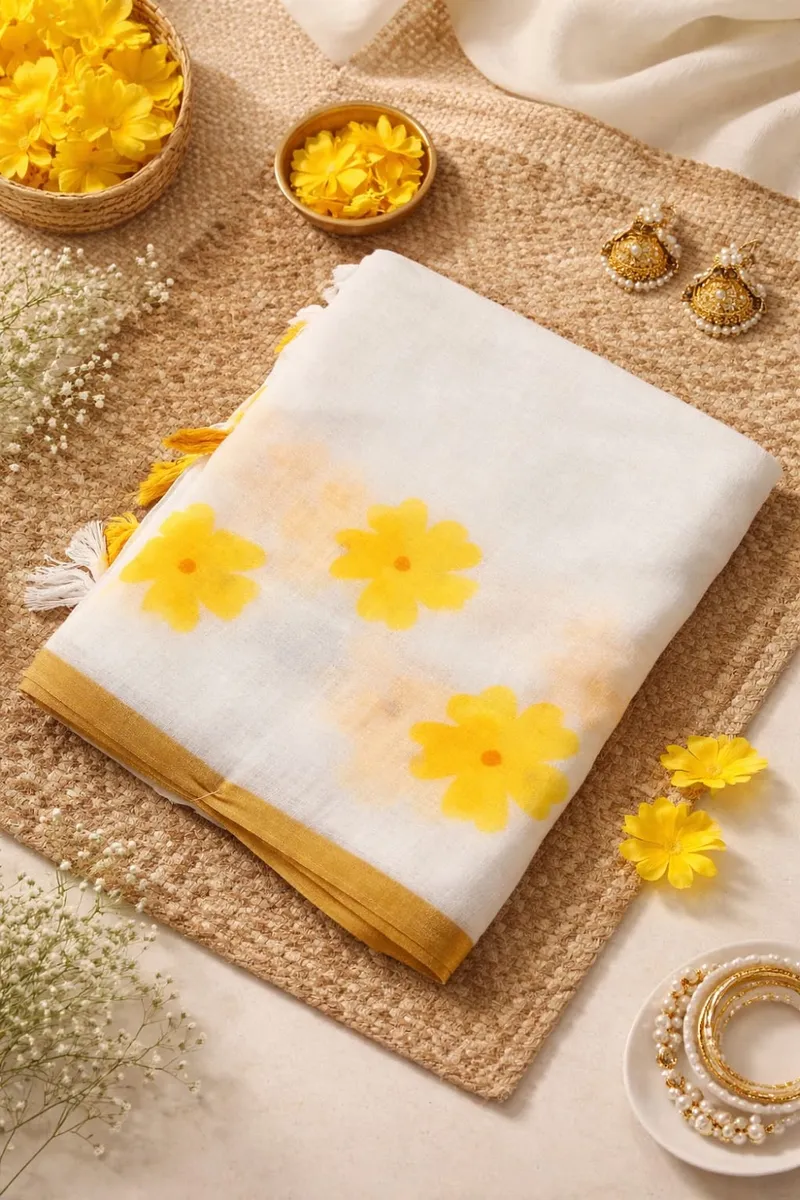 Daffodil White Floral Linen Saree