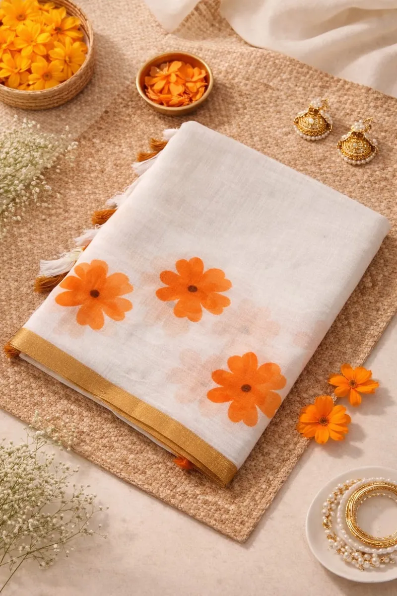 Marigold White Floral Linen Saree