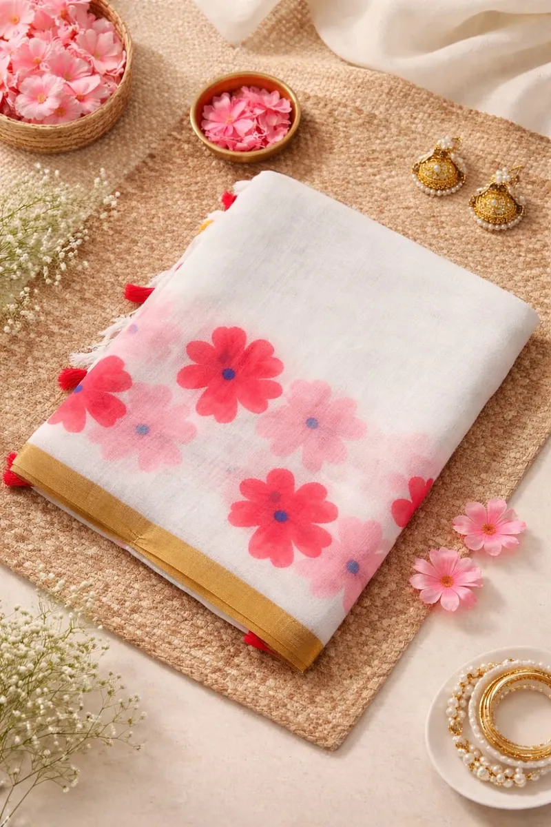 Elegant White & Pink Floral Linen Saree