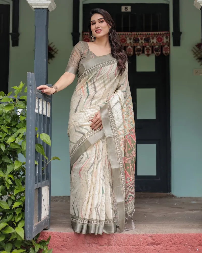 Contemporary Tribal Art Ivory Linen Saree