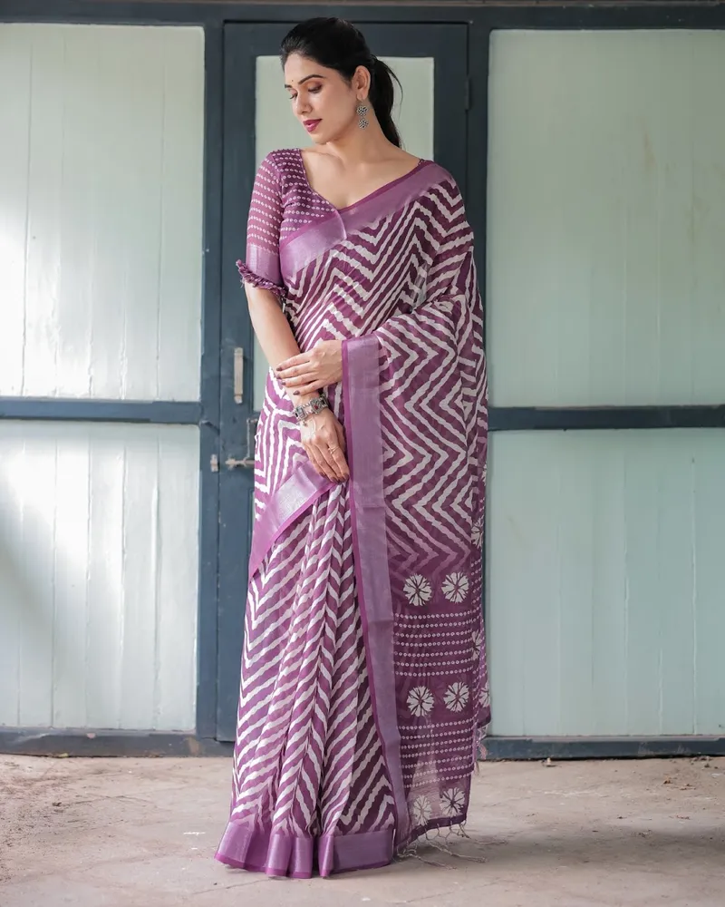 Plum Shibori Chevron Linen Saree