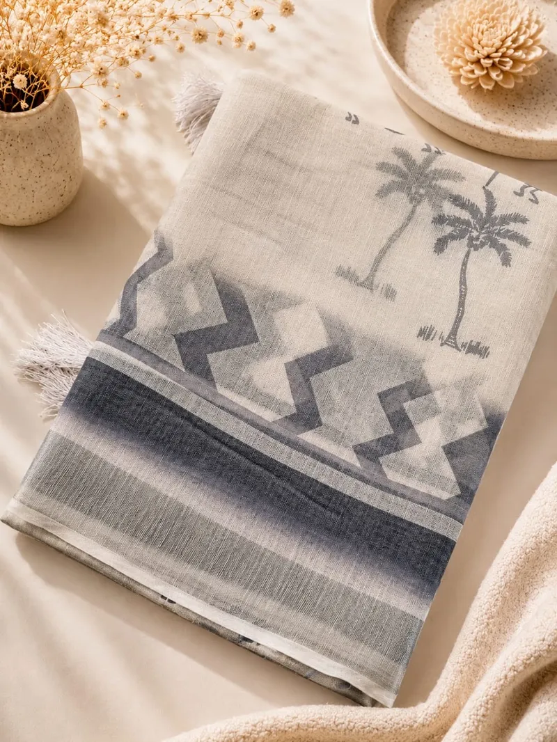 Tropical Ivory Ethnic Fusion Linen Saree