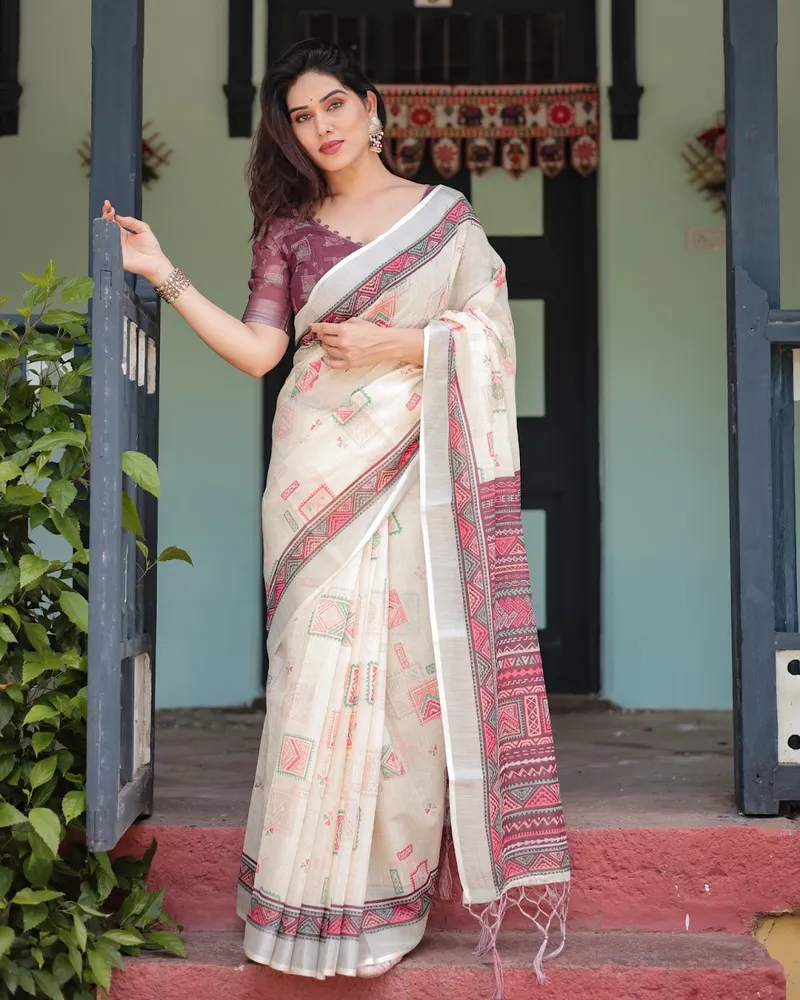Ivory Linen Saree with Maroon Tribal Geometric Border and Ethnic Woven Pallu