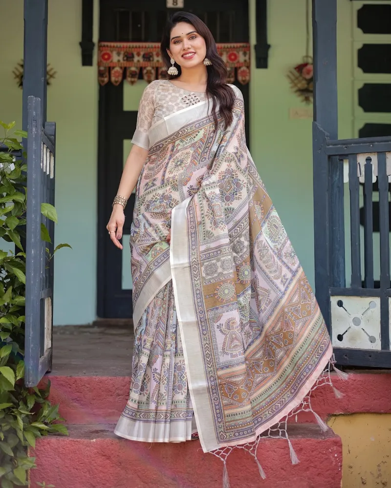 Madhubani Art Blush Linen Saree with Folk-Art Detail