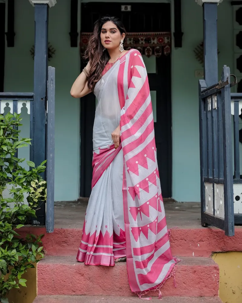 Abstract Charcoal Artistic Linen Saree
