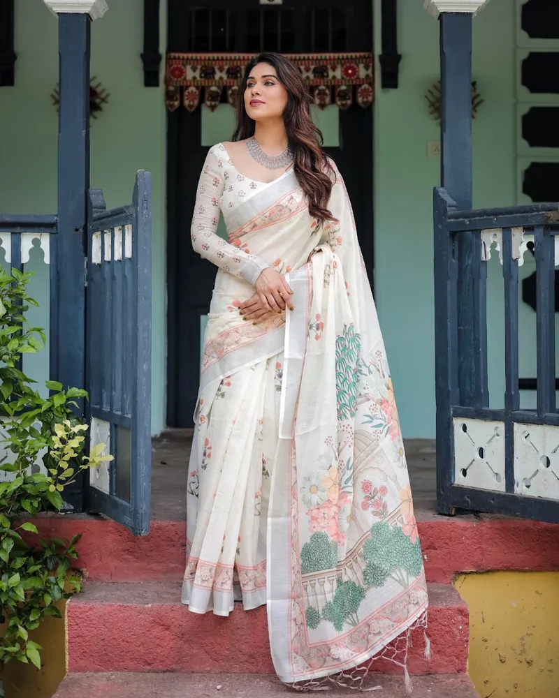Elegant Floral Garden-Inspired Ivory Linen Saree