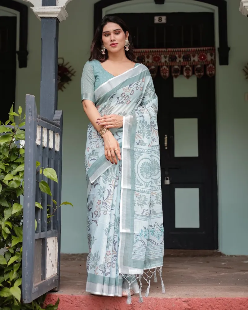 Ice Blue Botanical Floral Linen Saree