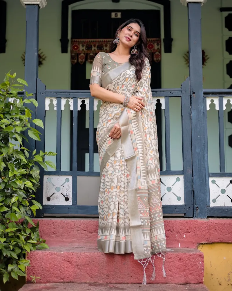 Elegant Beige & Grey Linen Saree with Pastel Tribal Floral Weaving