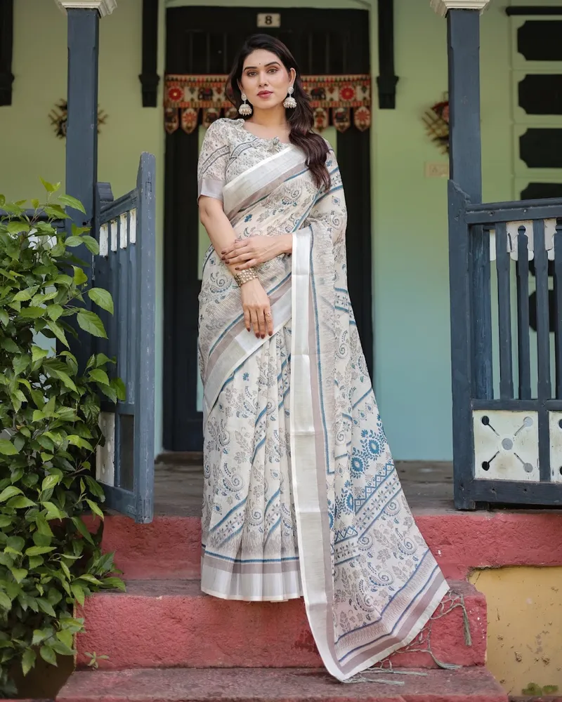 Elegant Off White & Steel Blue Linen Saree with Floral Paisley Weaving