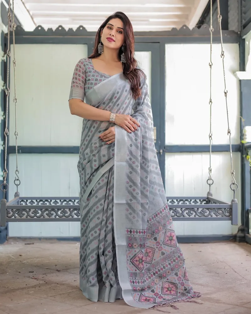 Elegant Mist Grey Linen Saree with Pink Geometric Woven Design