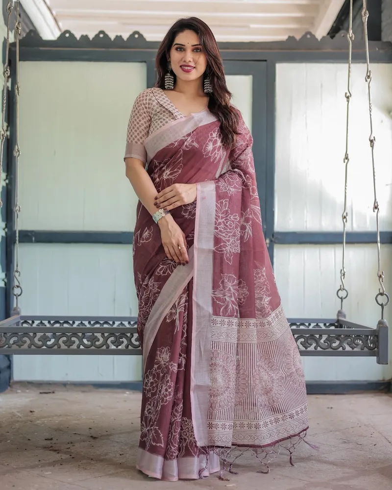 Elegant Wine Mauve Linen Saree with Floral Woven Design