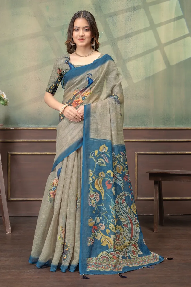 Elegant Beige & Royal Blue Linen Saree with Peacock Floral Artistic Print