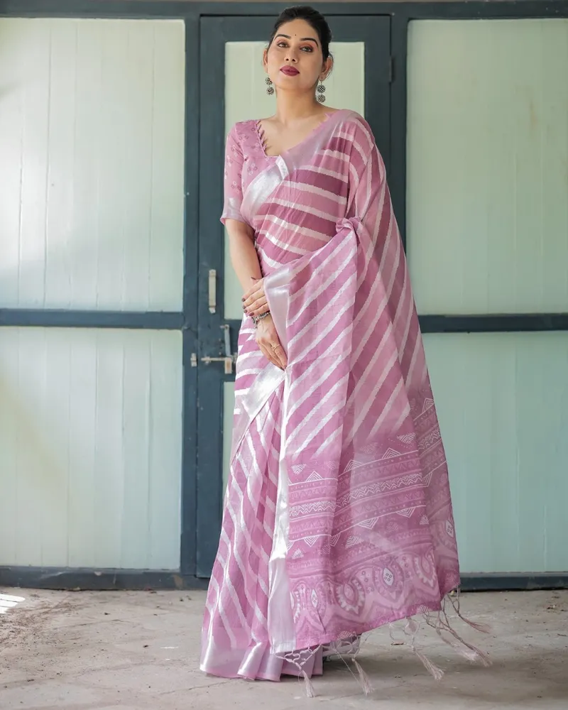 Elegant Blush Pink Linen Saree with Silver Stripe Weaving
