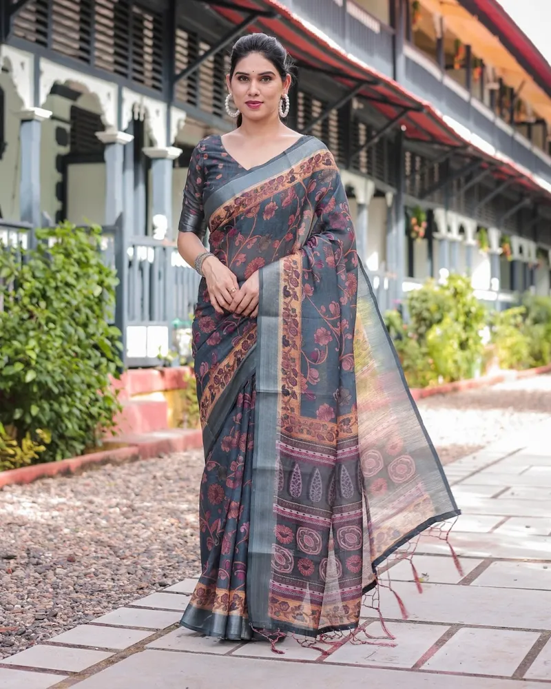Elegant Charcoal Grey Linen Saree with Rustic Floral Woven Design