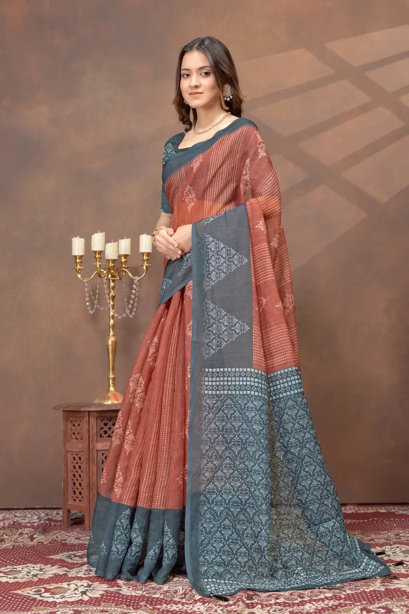 Elegant Rust Brown & Slate Grey Linen Saree with Traditional Woven Design
