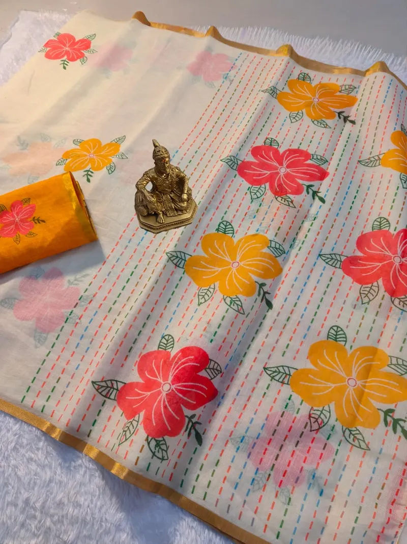 Beige Cream Floral Printed Linen Saree