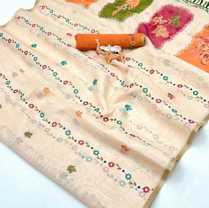 Elegant Beige Floral Printed Linen Saree