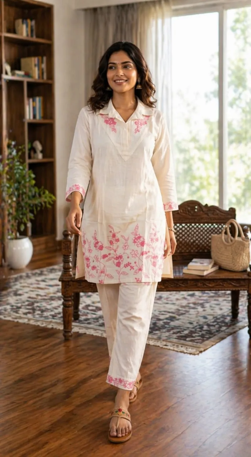 White & Pink Cotton Floral Co-Ord Set
