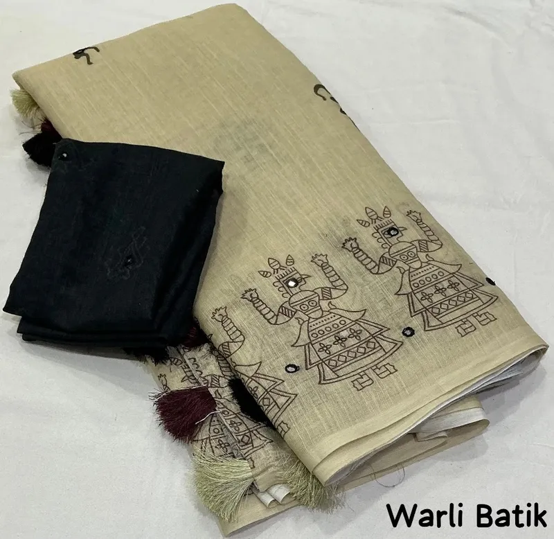 Linen Saree with Warli Digital Print & Mirror Work