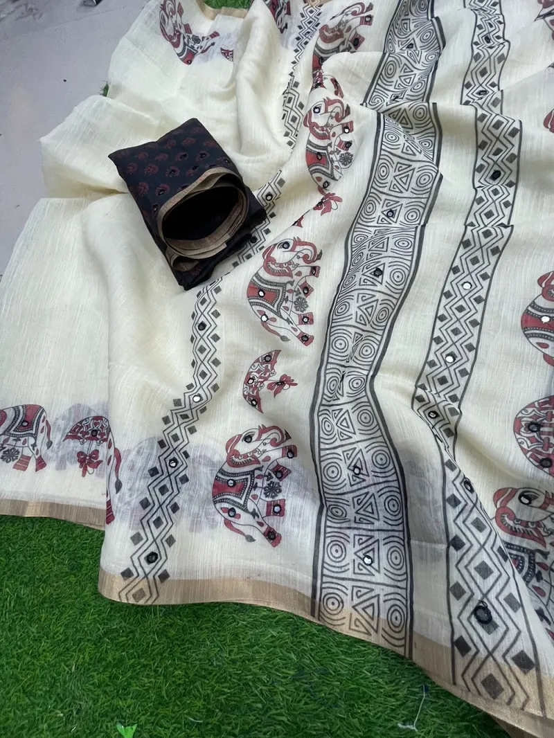 Soft Linen Saree with Elephant Digital Print & Tribal Border