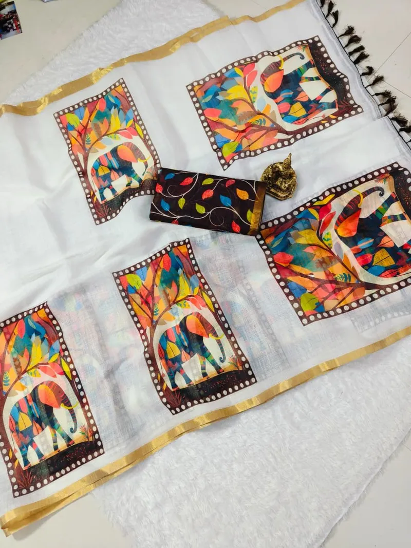 White Soft Linen Saree with Digital Elephant Print