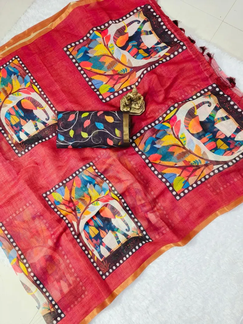 Red Soft Linen Saree with Digital Elephant Print